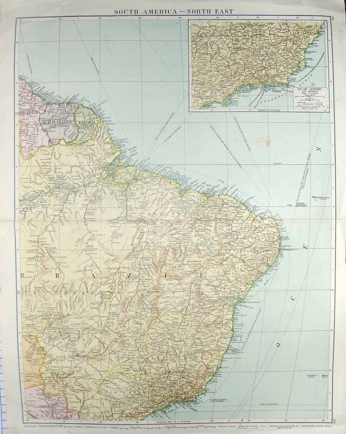 Original Old Antique Print Bacon Map 1894 South America Rio De Janeiro Brazil
