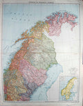 Original Old Antique Print Bacon Map 1894 Norway Sweden Minerals Coal Iron G