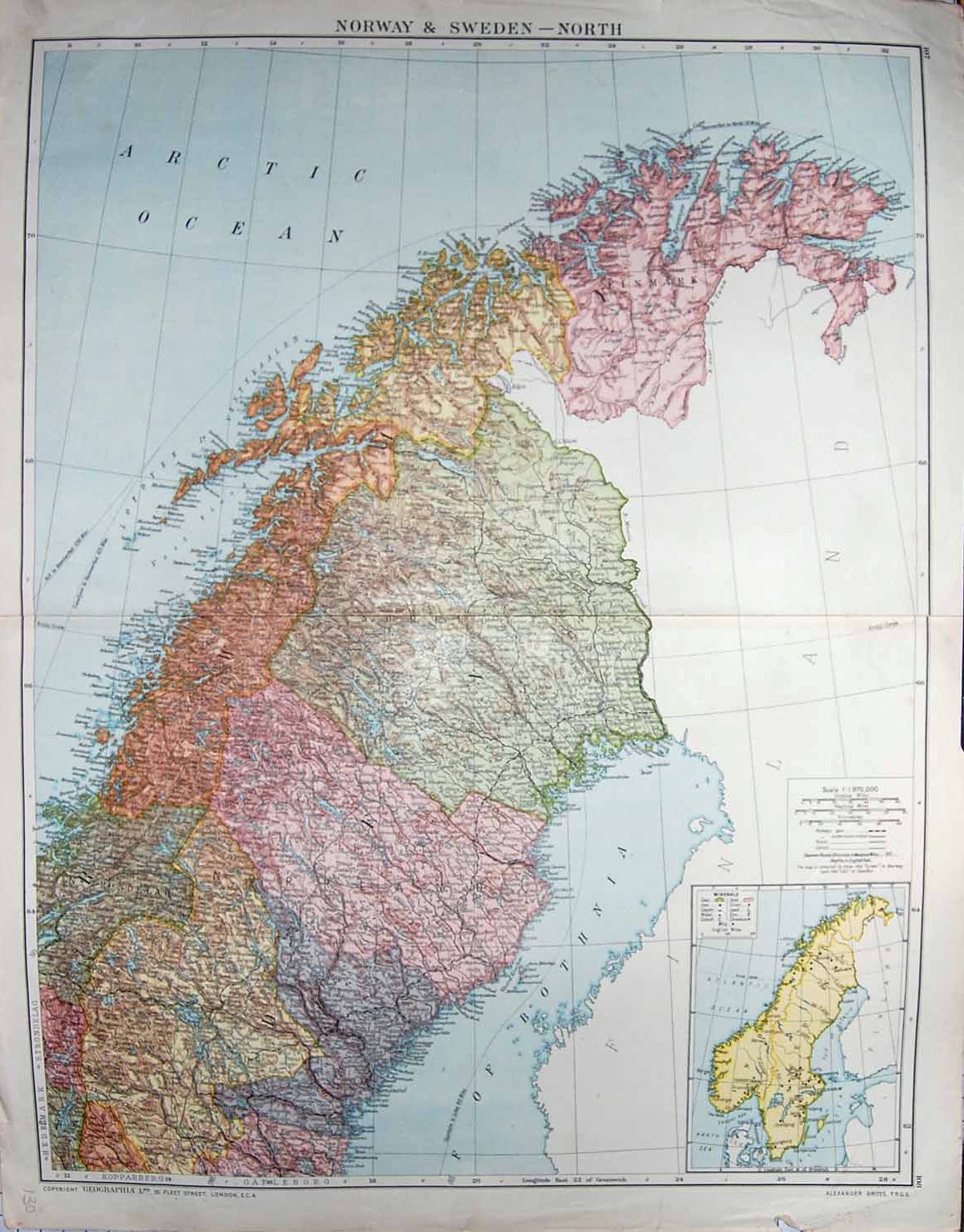 Original Old Antique Print Bacon Map 1894 Norway Sweden Minerals Coal Iron G