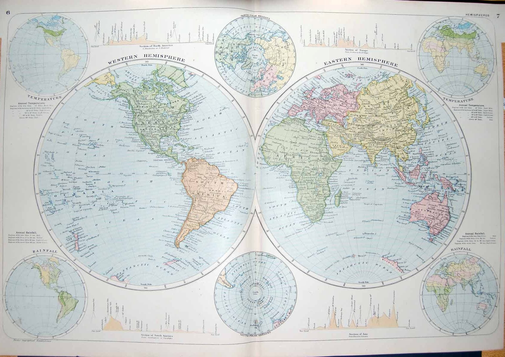 Original Old Antique Print Bacon Map 1894 World Atlas Rainfall Temperature 19th