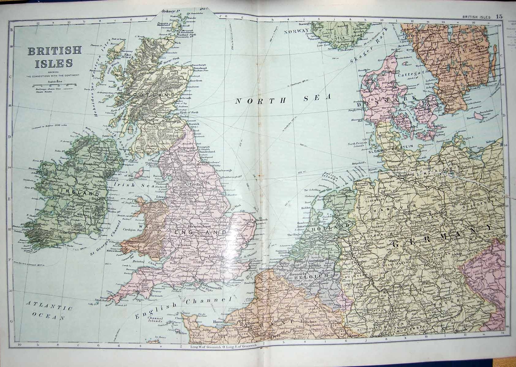 Original Old Antique Print Bacon Map 1894 British Isles Ireland Germany France