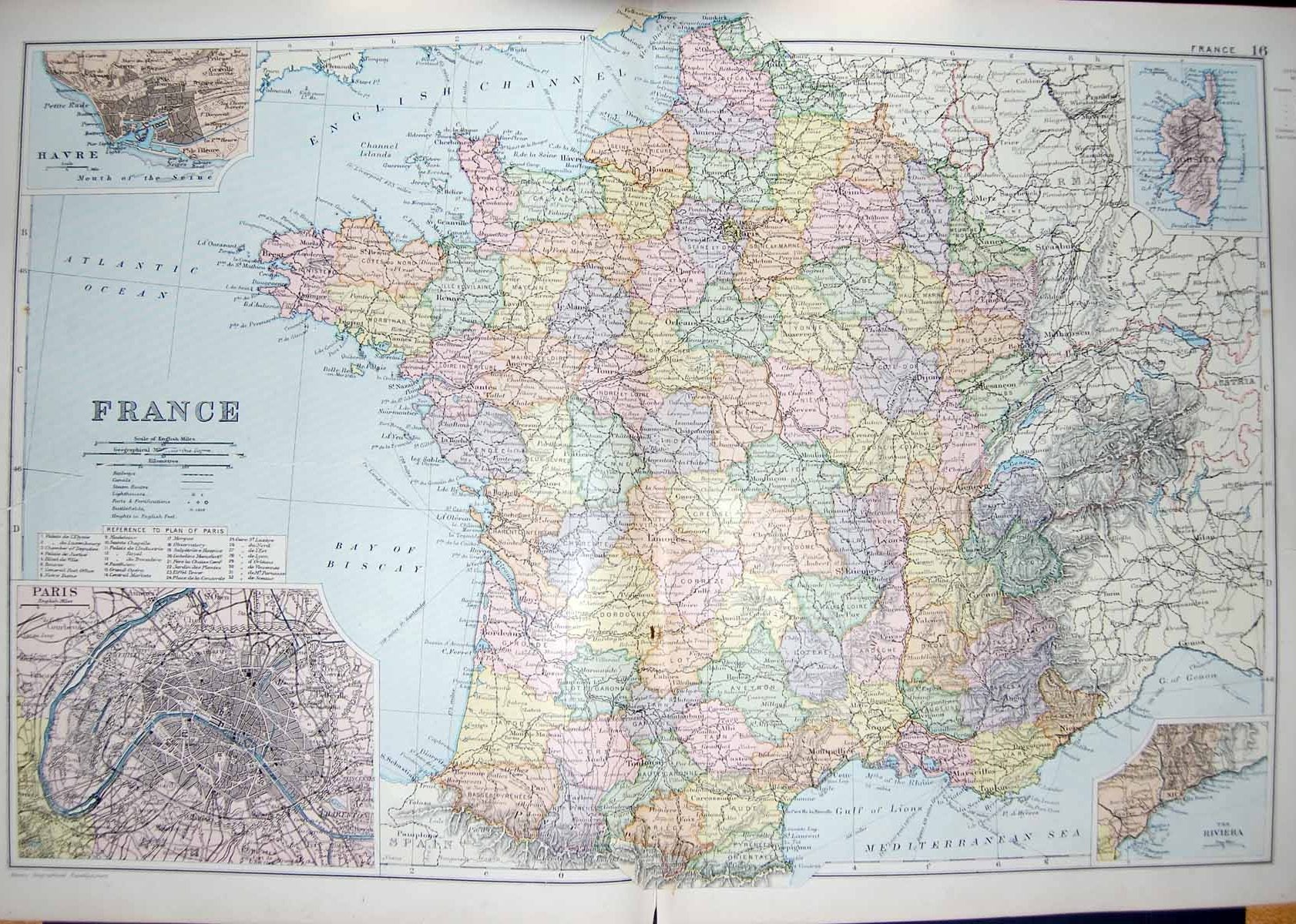 Old Antique Print Bacon Map 1894 France Street Plan Paris Riviera Havre 19th