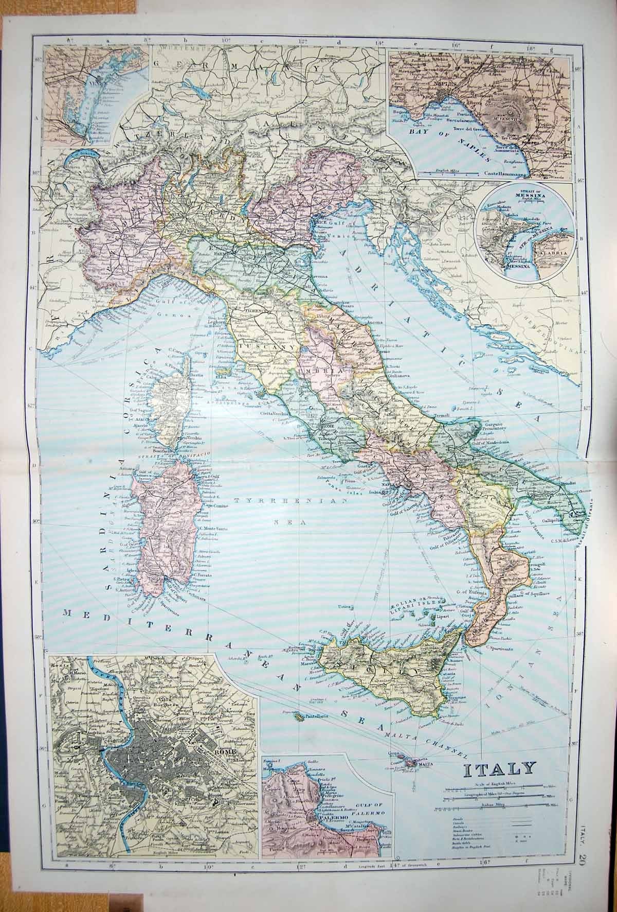 Old Antique Print Bacon Map 1894 Italy Plan Rome Palermo Messina Naples 19th