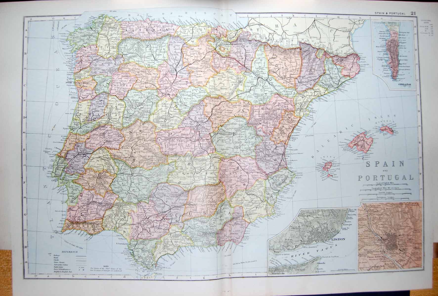 Old Antique Print Bacon Map 1894 Spain Portugal Lisbon Madrid Gibraltar 19th