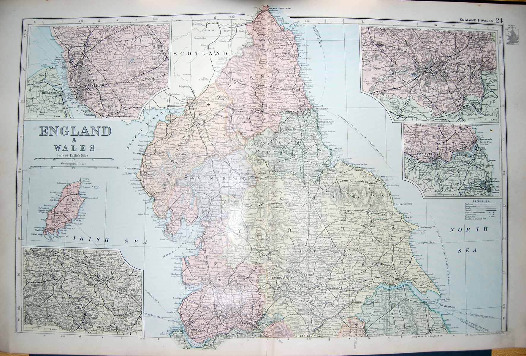 Original Old Antique Print Bacon Map 1894 England Wales Manchester Newcastle