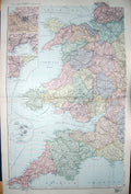 Old Antique Print Bacon Map 1894 Wales Scilly Islands England Lands End 19th