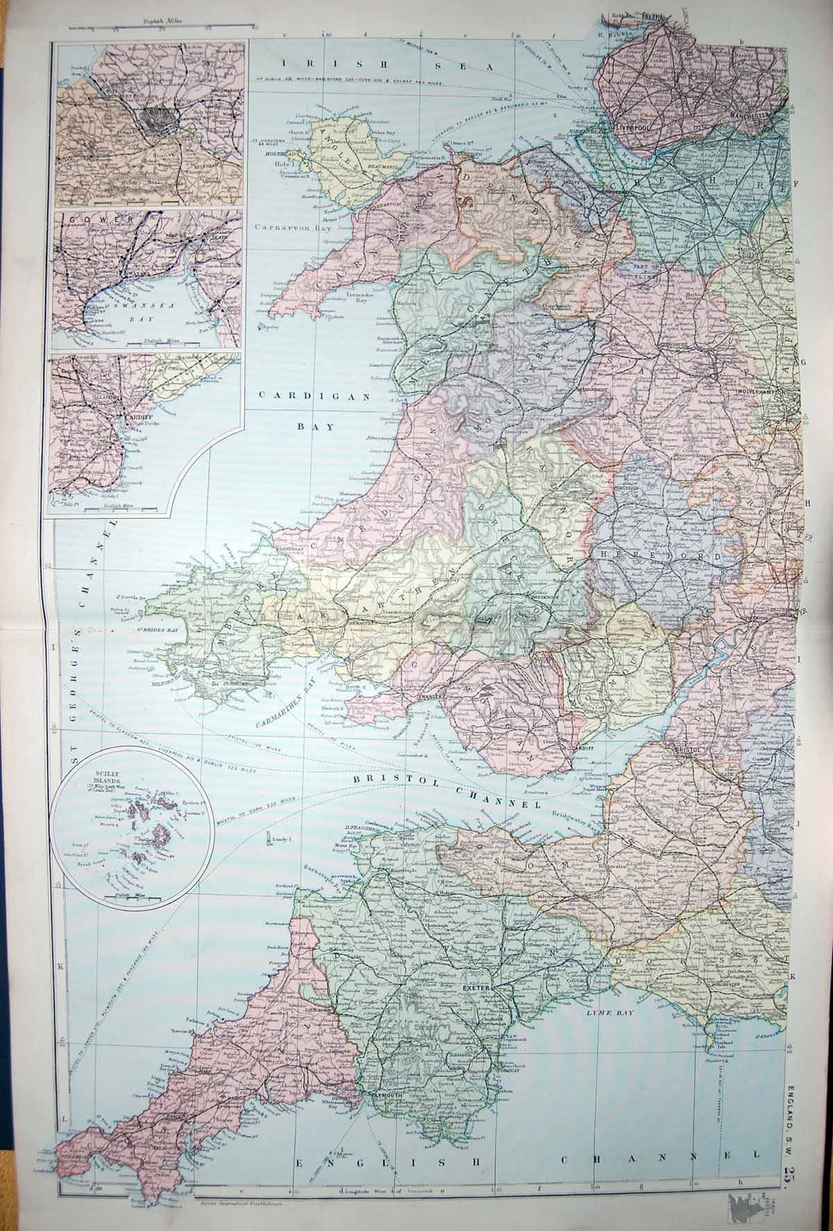 Old Antique Print Bacon Map 1894 Wales Scilly Islands England Lands End 19th