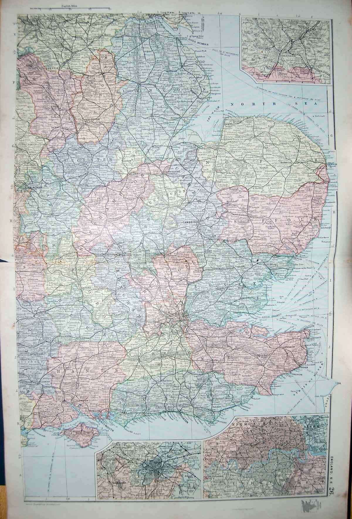 Original Old Antique Print Bacon Map 1894 England Sheffield Birmingham London