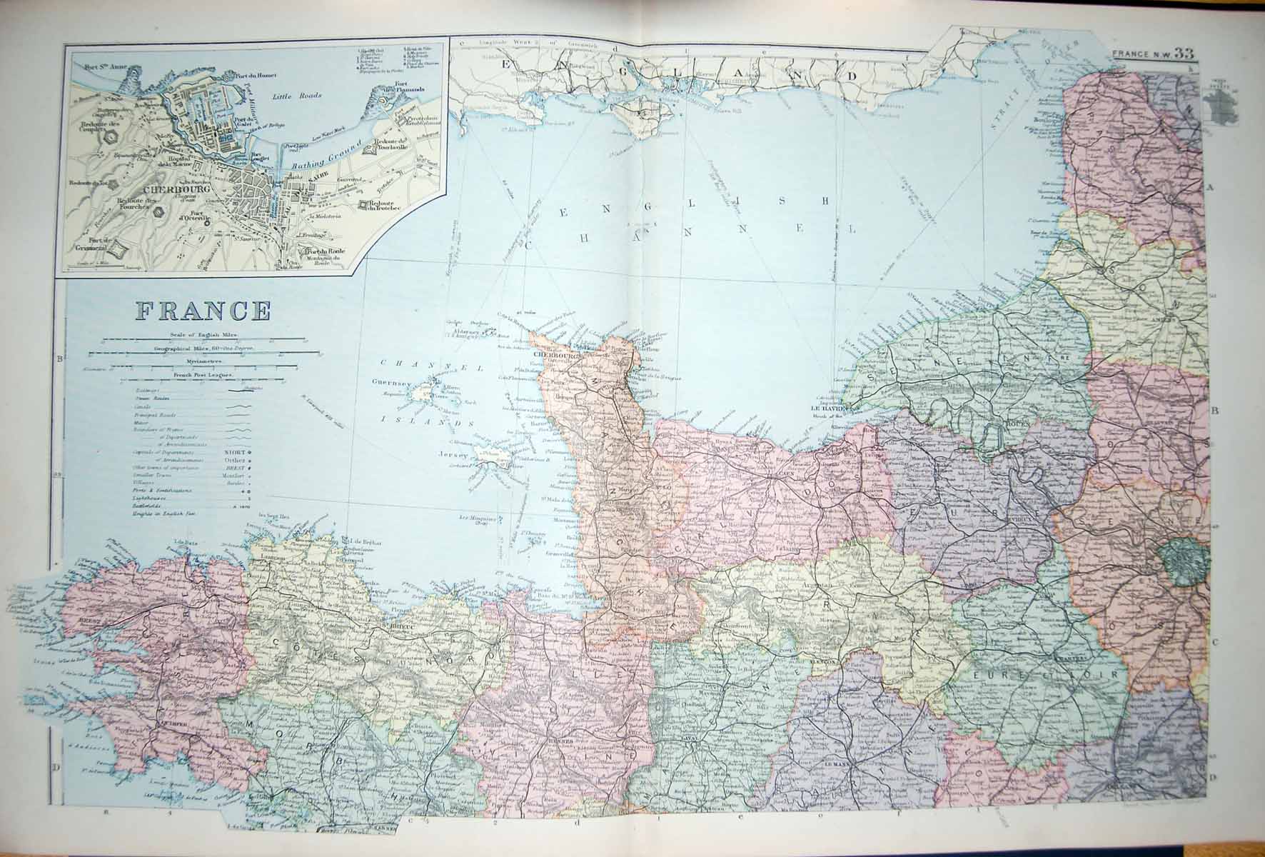 Original Old Antique Print Bacon Map 1894 France Plan Cherbourg Guernsey Jersey