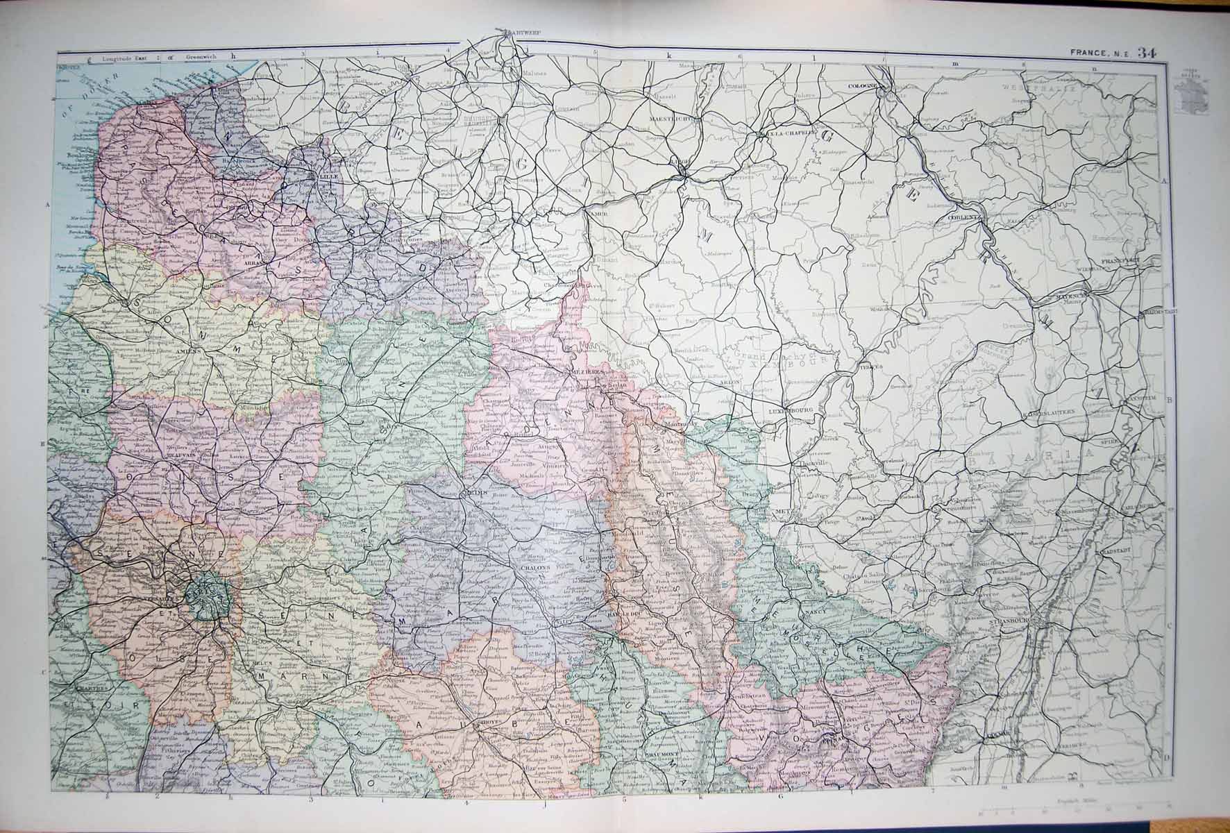 Original Old Antique Print Bacon Map 1894 France Mezieres Chalons Paris Troyes
