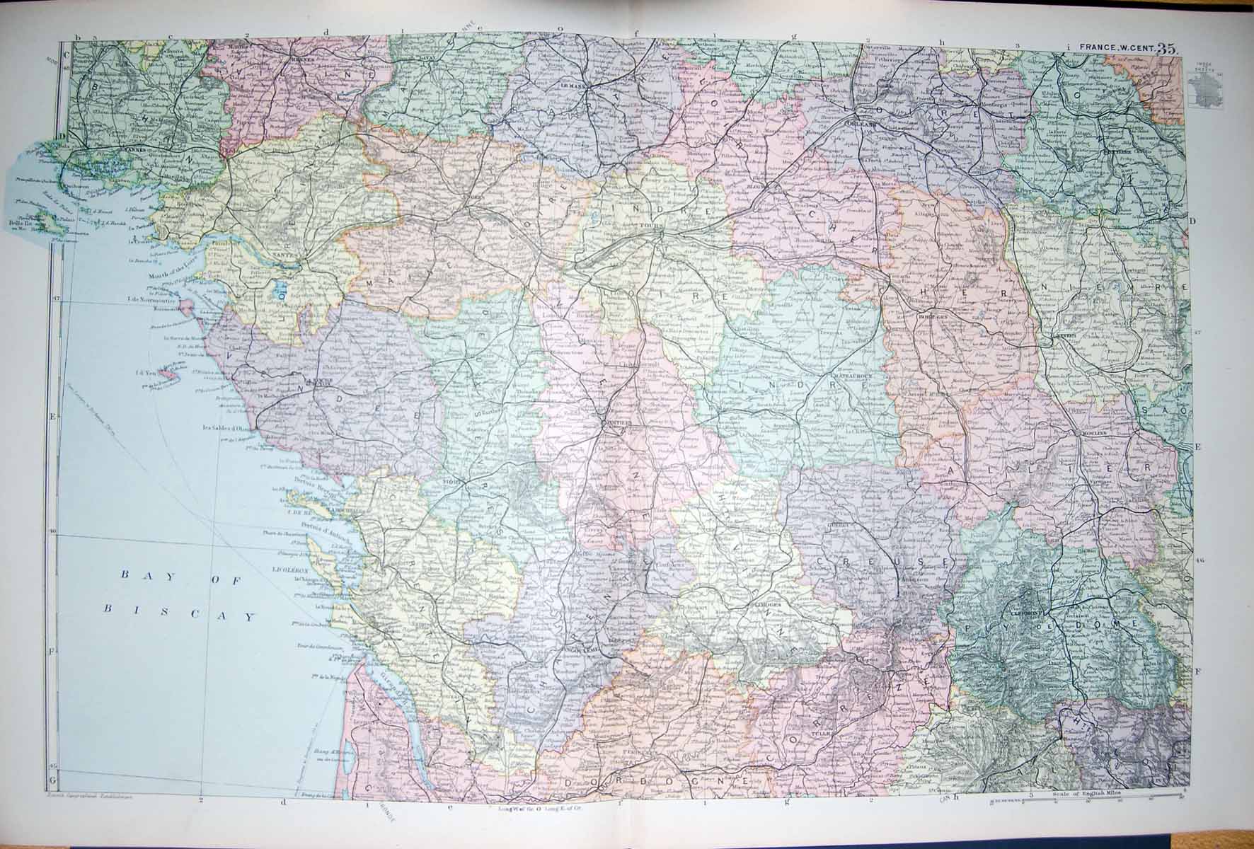 Original Old Antique Print Bacon Map 1894 France Bay Biscay Orleans Nantes 19th