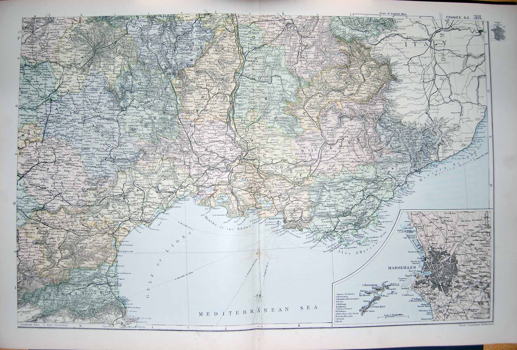 Original Old Antique Print Bacon Map 1894 France Marseilles Toulon Montpelier
