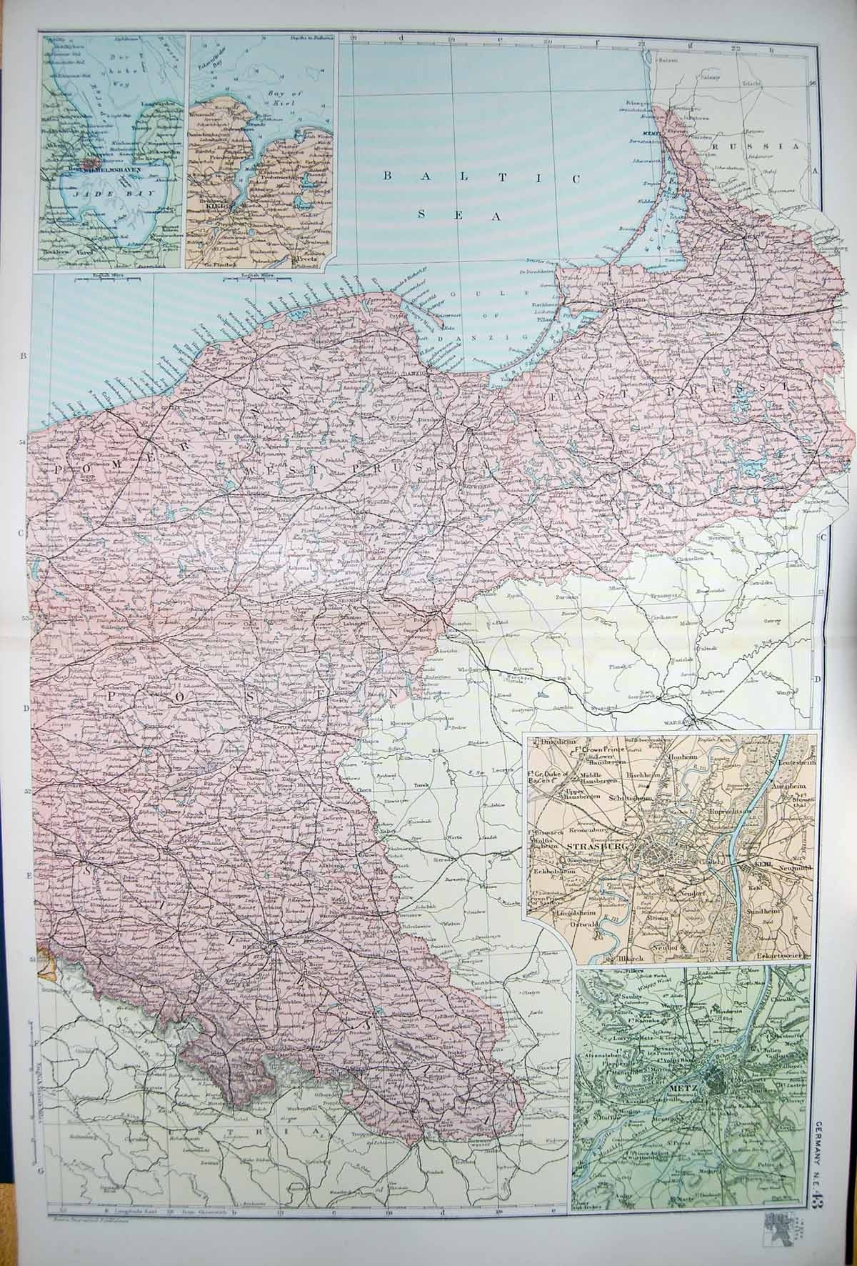 Original Old Antique Print Bacon Map 1894 Germany Plan Strasburg Metz Jade Bay