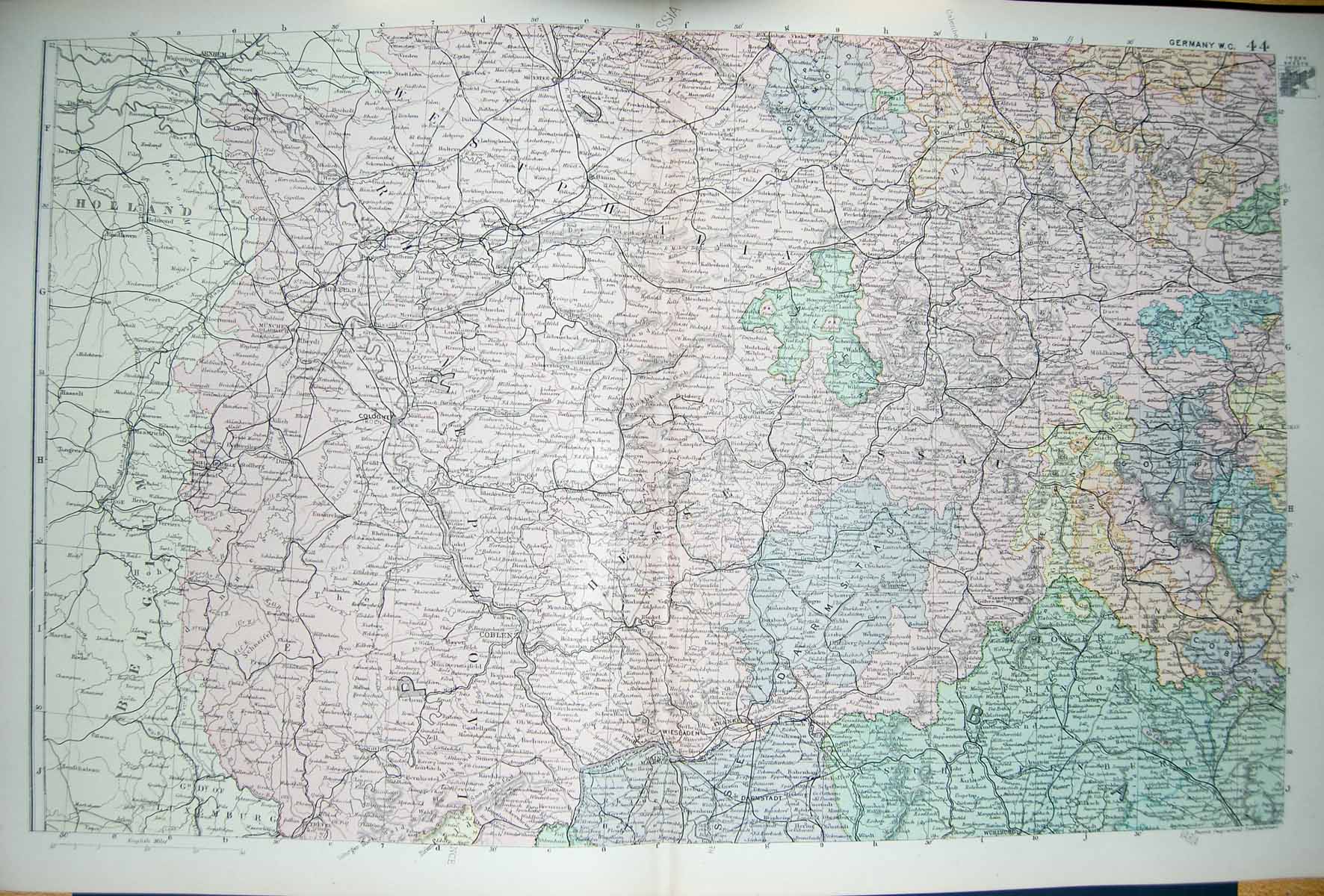 Original Old Antique Print Bacon Map 1894 Germany Coblen Cologne Gotha Coburg