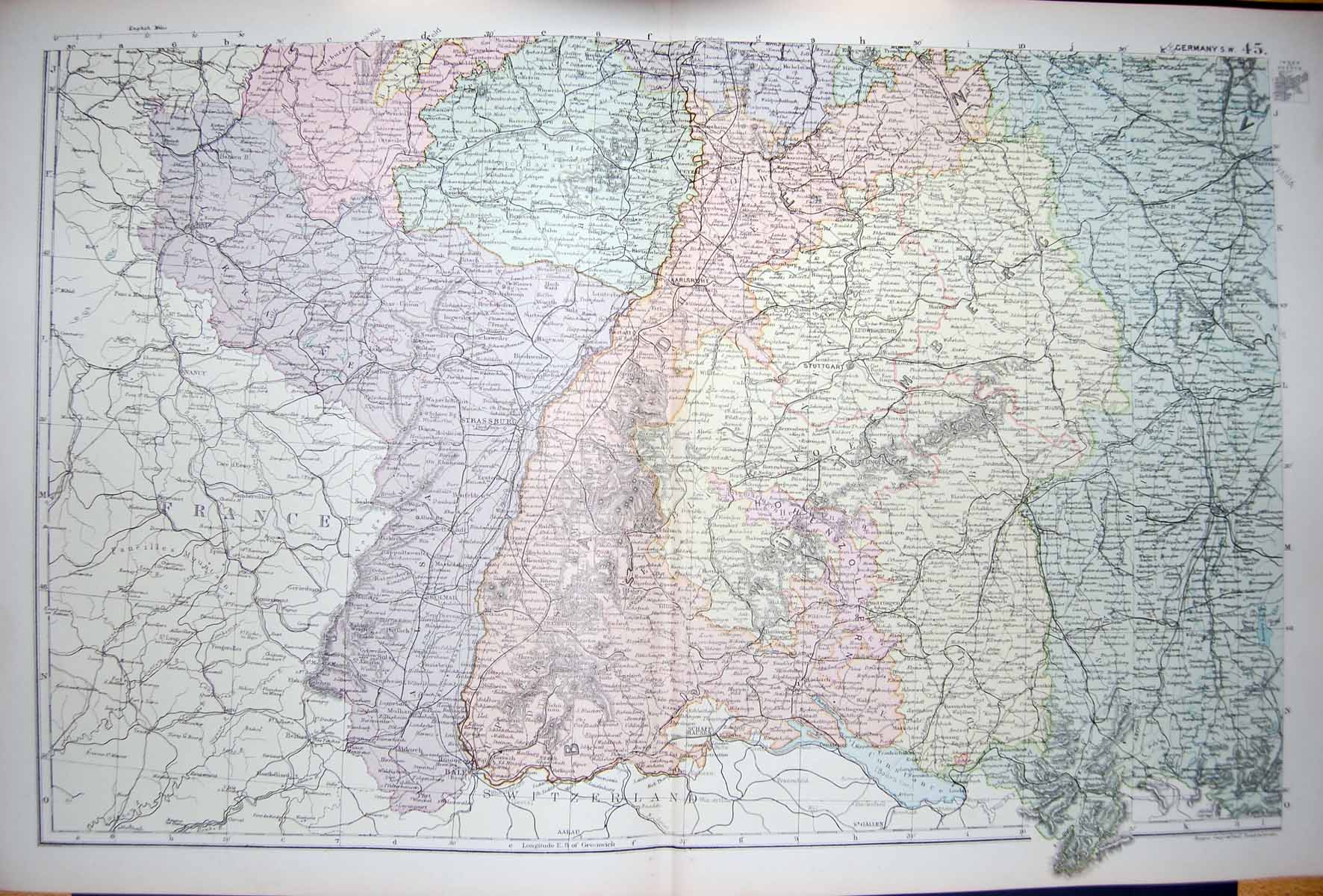 Old Antique Print Bacon Map 1894 Germany Strassburg Stuttgart Constance 19th