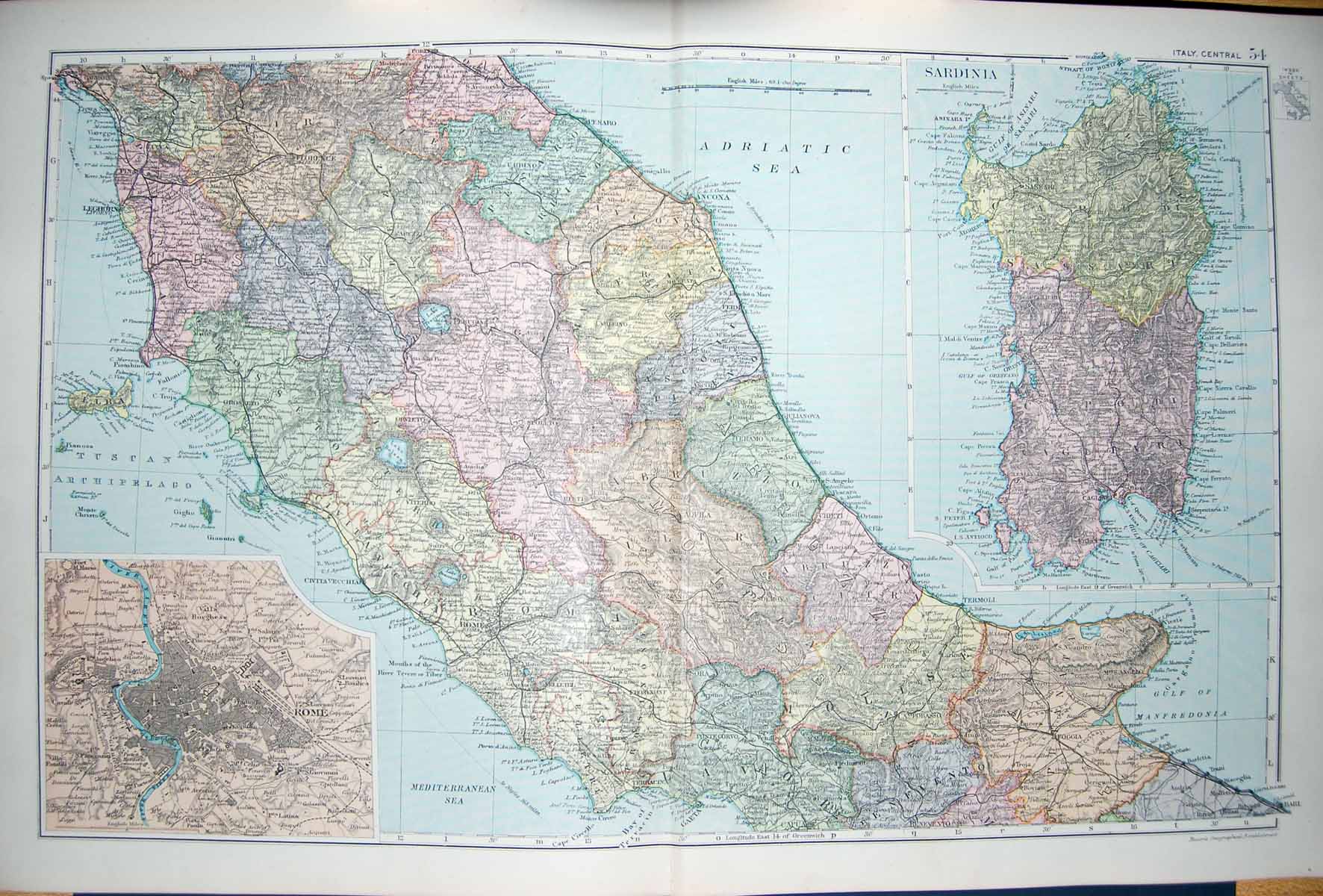 Old Antique Print Bacon Map 1894 Sardinia Rome Italy Elba Foggia Termoli 19th