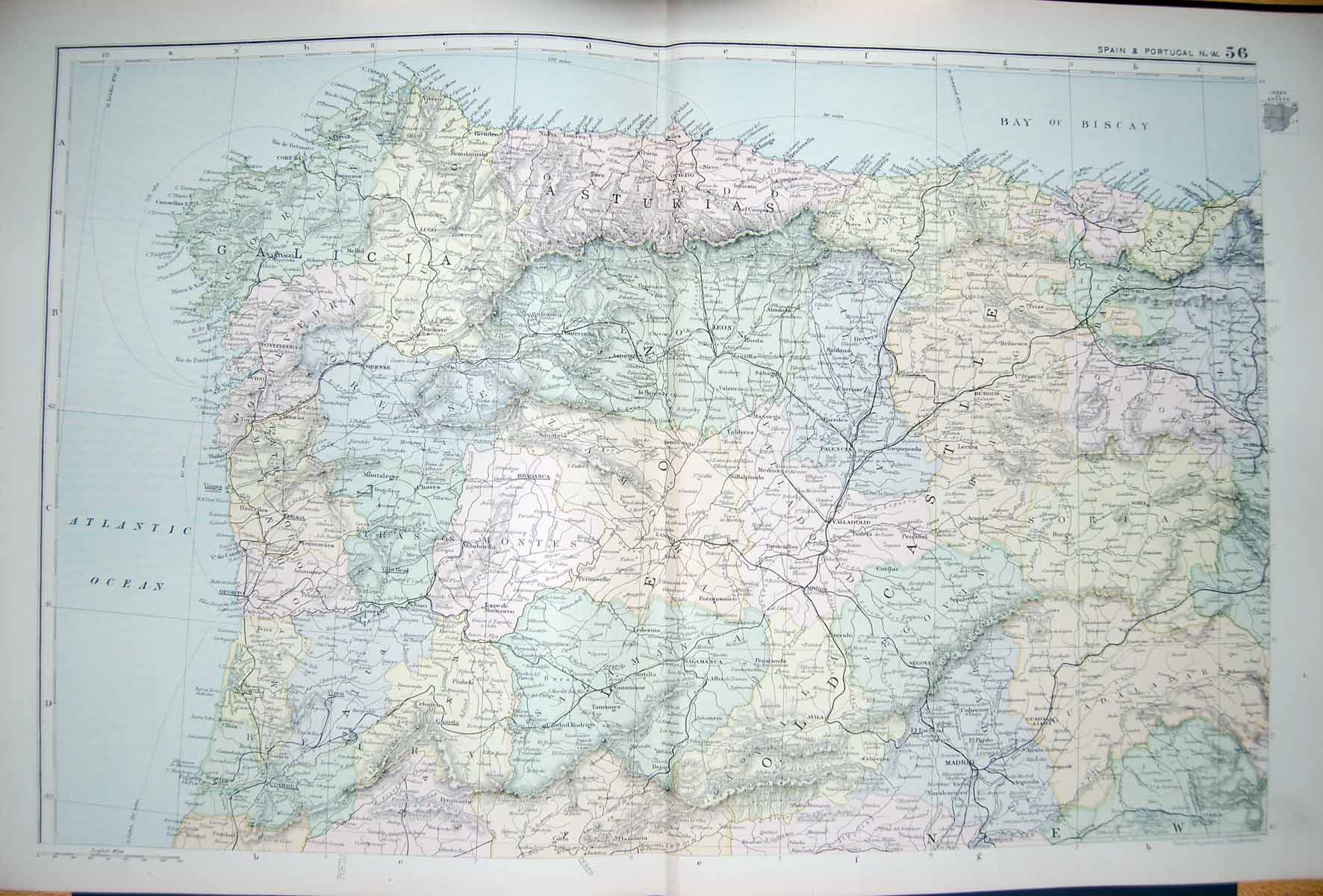 Original Old Antique Print Bacon Map 1894 Spain Portugal Valladolid Bay Biscay