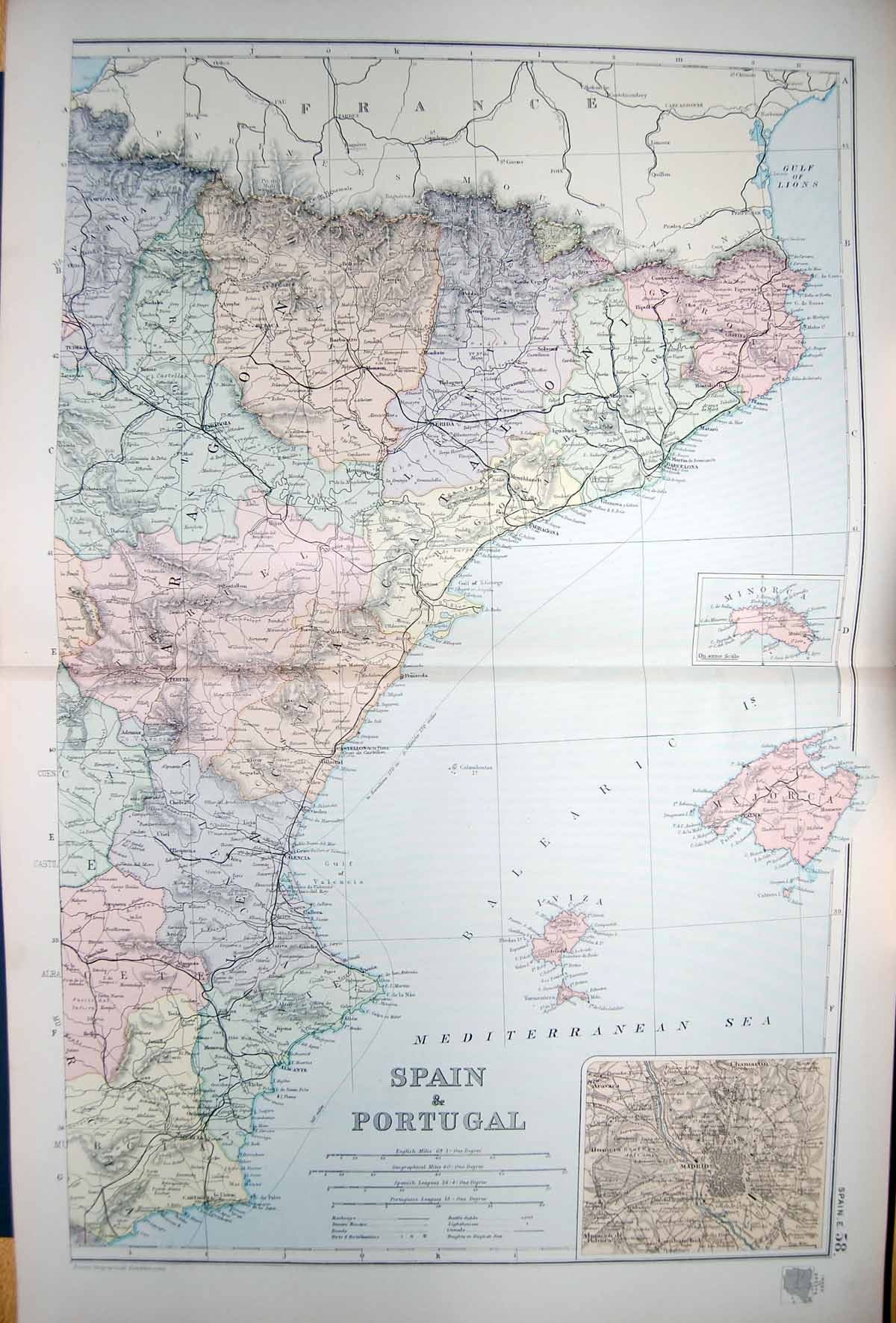 Old Antique Print Bacon Map 1894 Spain Portugal Plan Madrid Minorca Ibiza 19th