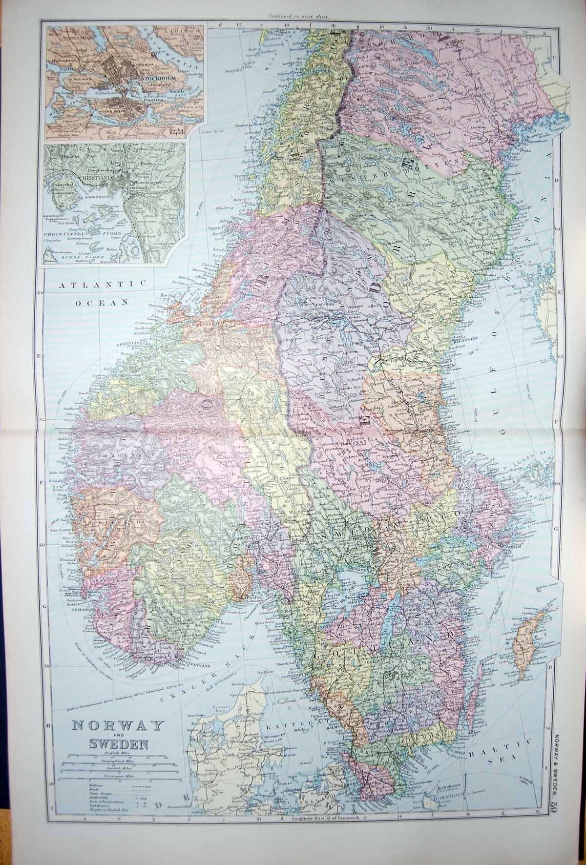 Original Old Antique Print Bacon Map 1894 Norway Sweden Stockholm Christiania