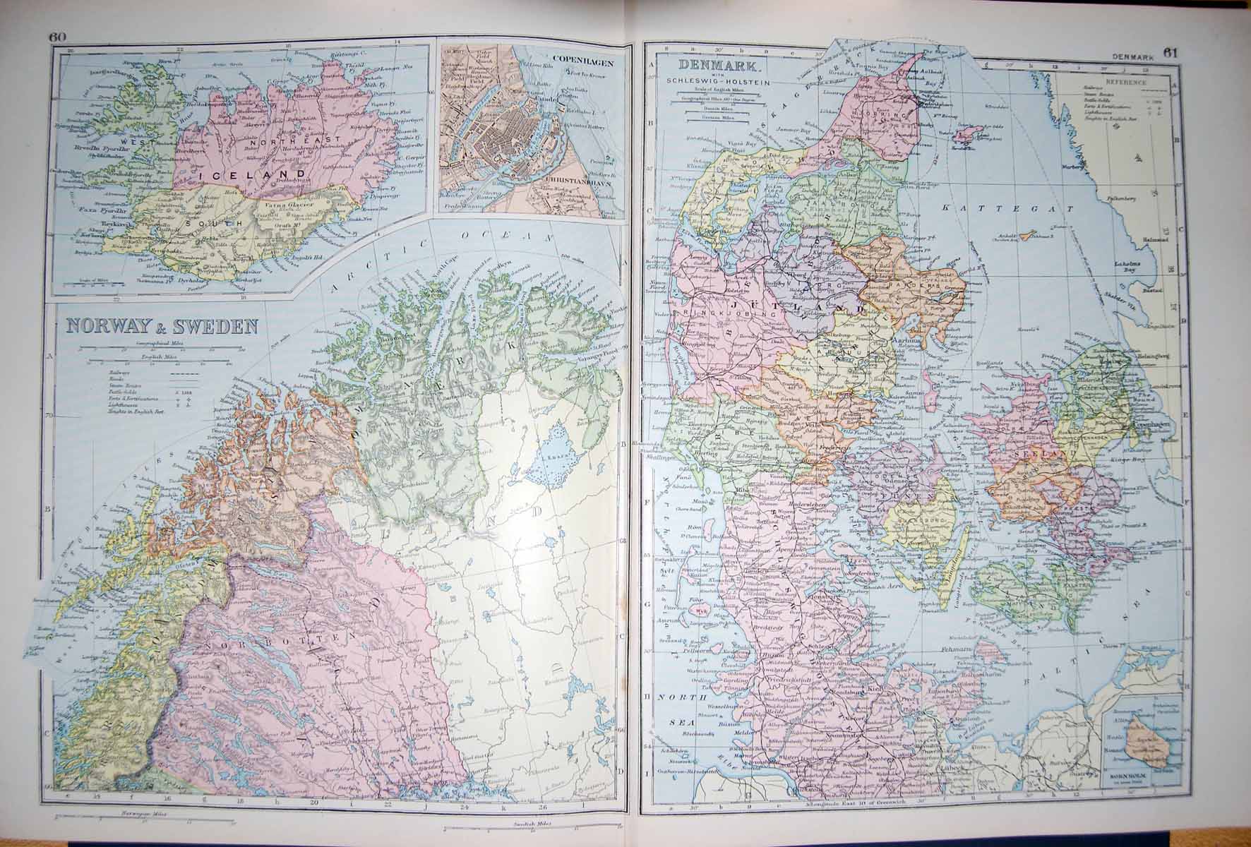 Original Old Antique Print Bacon Map 1894 Norway Sweden Copenhagen Iceland 19th