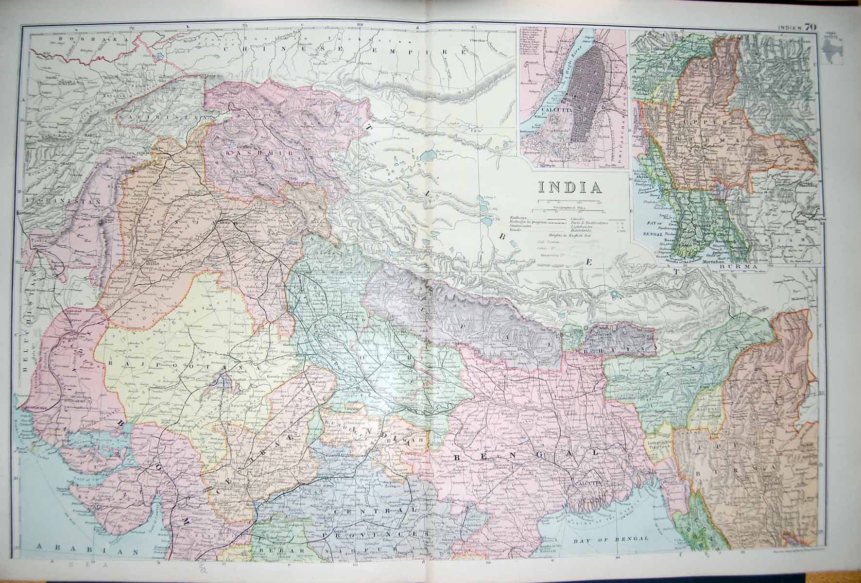 Original Old Antique Print Bacon Map 1894 India Burma Bay Bengal Calcutta Plan