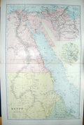Original Old Antique Print Bacon Map 1894 Egypt Nile Delta Suez Canal Cairo Red