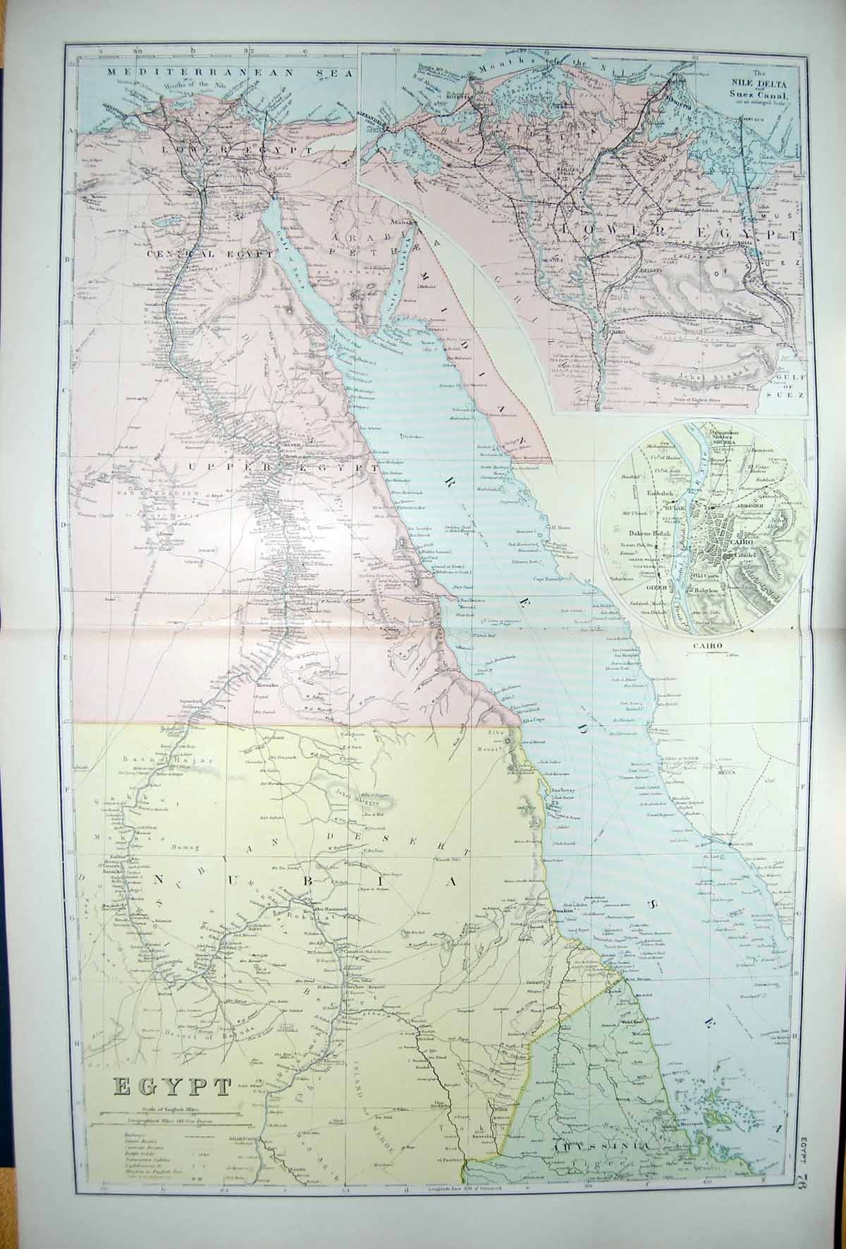 Original Old Antique Print Bacon Map 1894 Egypt Nile Delta Suez Canal Cairo Red