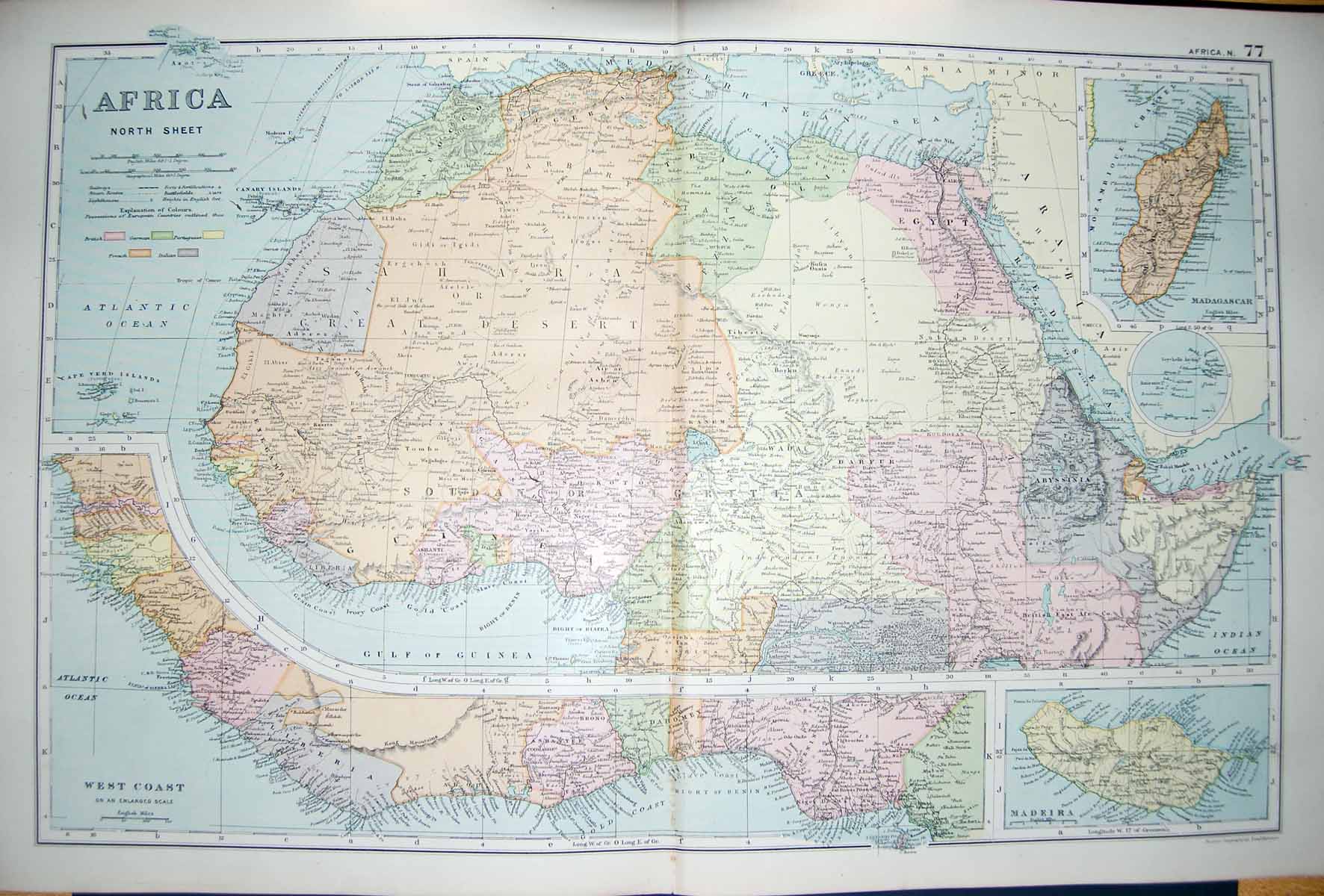 Original Old Antique Print Bacon Map 1894 Africa Madeira Madagascar Gulf Aden
