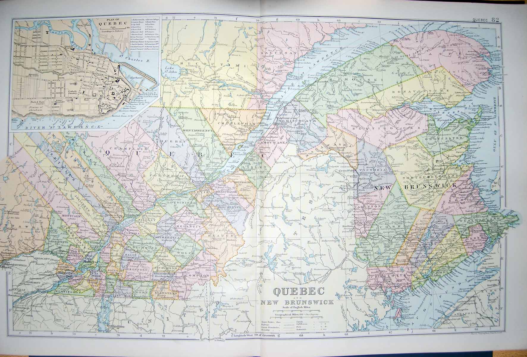 Original Old Antique Print Bacon Map 1894 Quebec New Brunswick Canada Charlotte