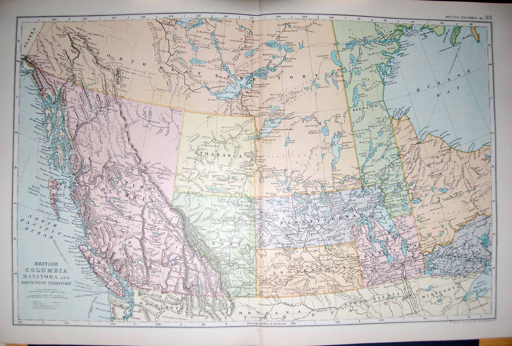 Original Old Antique Print Bacon Map 1894 Canada Hudson Bay Manitoba Columbia