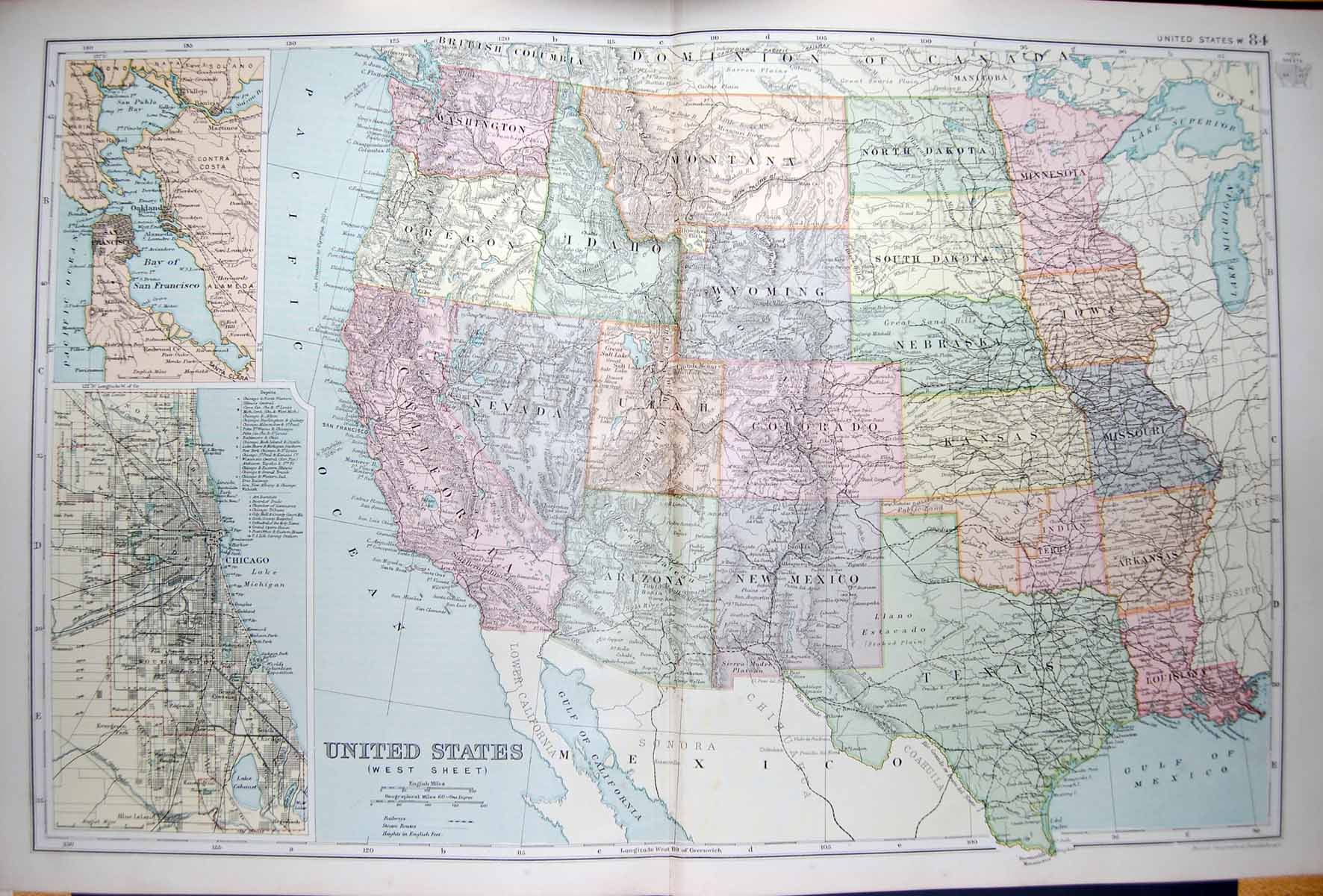 Old Antique Print Bacon Map 1894 United States America Chicago Francisco 19th