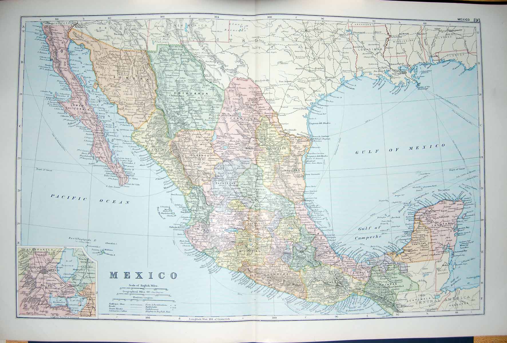 Original Old Antique Print Bacon Map 1894 Mexico America California Campeche