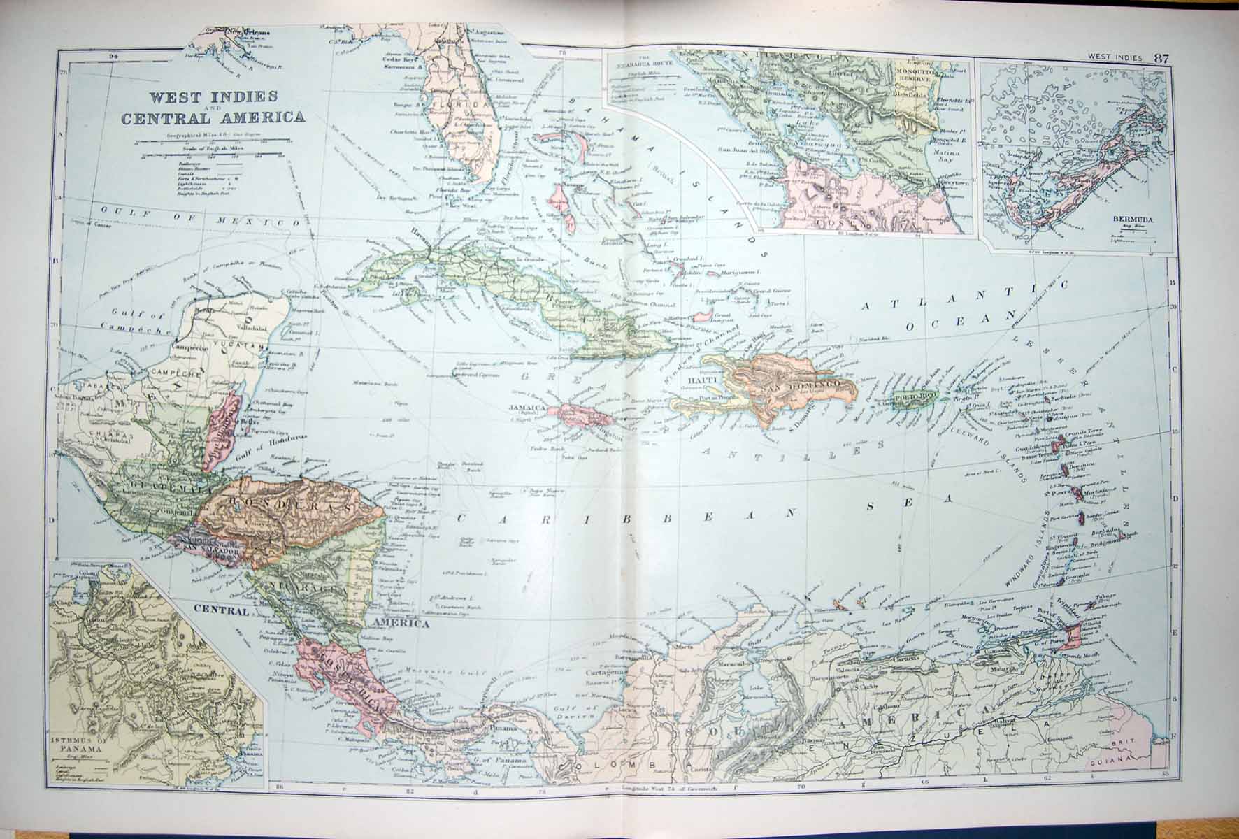 Old Antique Print Bacon Map 1894 West Indies America Jamaica Cuba Domingo 19th