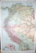 Original Old Antique Print Bacon Map 1894 South America Brazil Lima Ecuador