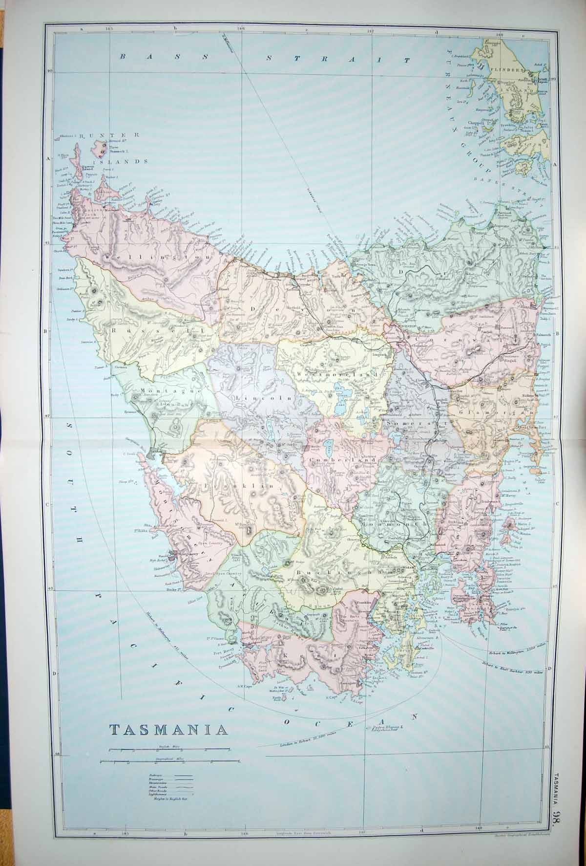 Original Old Antique Print Bacon Map 1894 Tasmania Pacific Ocean Flinders Kent