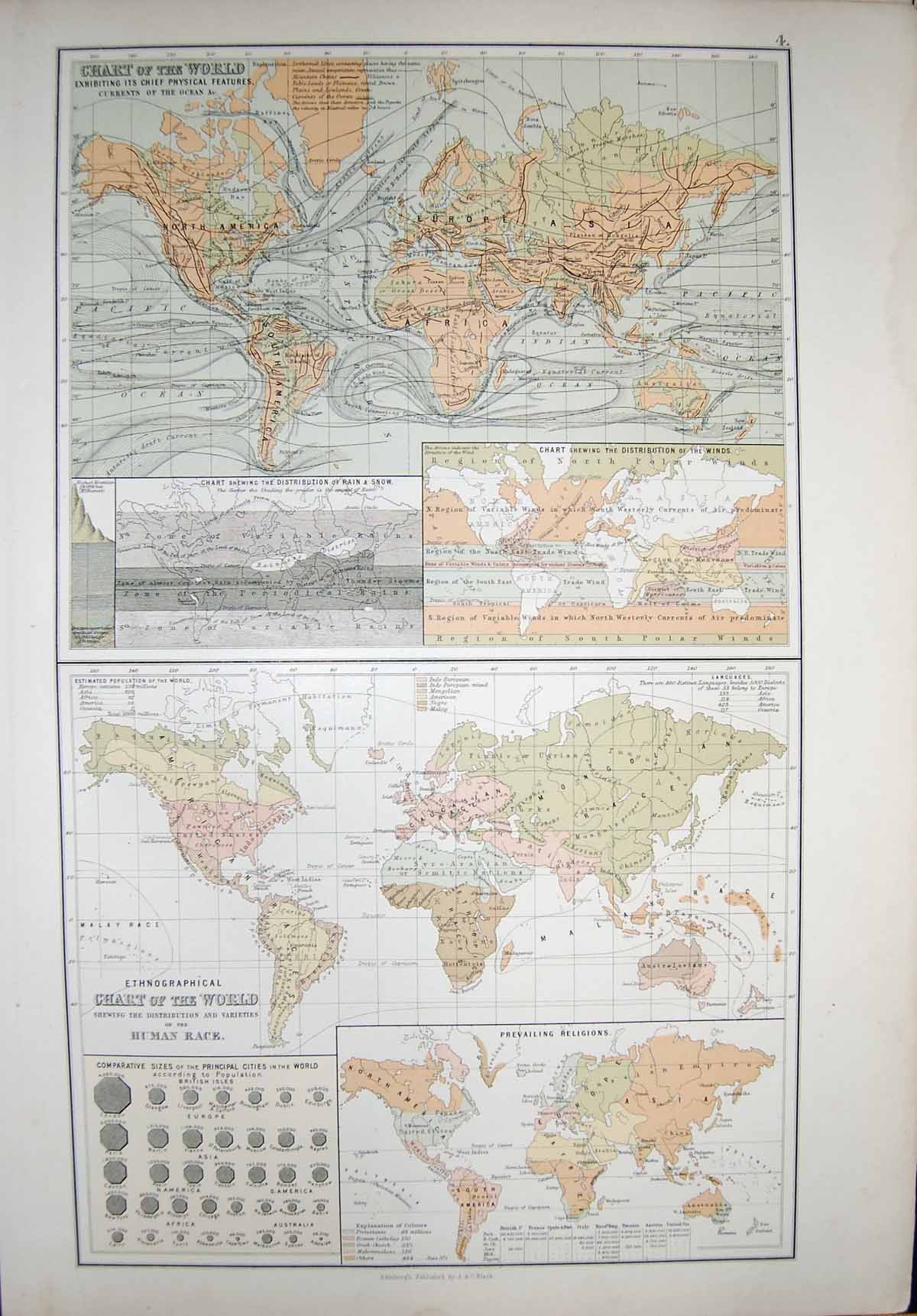 Old Antique Print Black'S Map 1890 Chart World Physical Features Religion 19th
