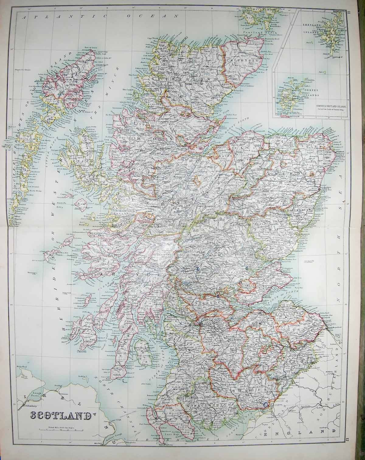 Old Antique Print Black'S Map 1890 Scotland Orkney Shetland Firth Forth 19th