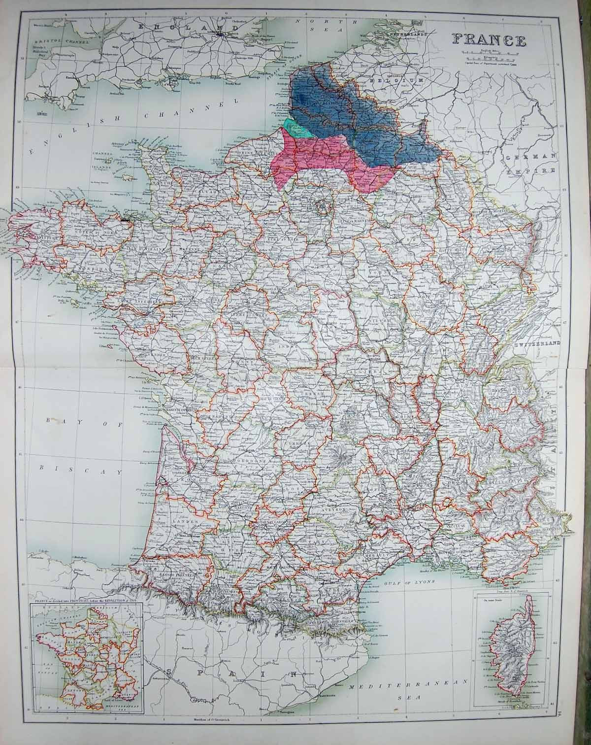 Original Old Antique Print Black'S Map 1890 France Corsica Paris Bay Biscay