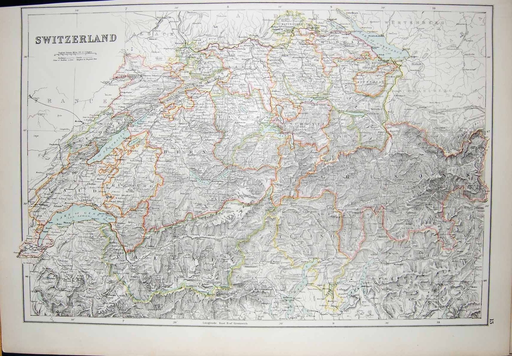 Old Antique Print Black'S Map 1890 Switzerland Bern Lake Geneva Neuchatel 19th