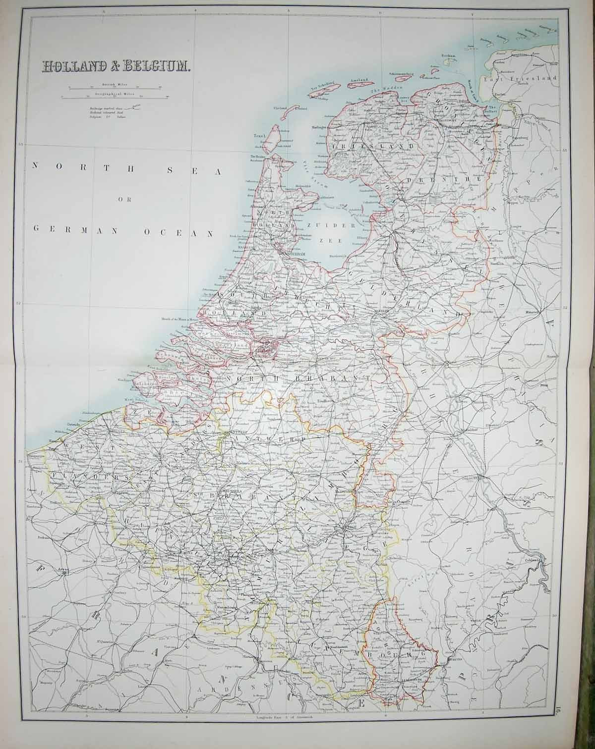 Original Old Antique Print Black'S Map 1890 Holland Belgium Antwerp Amsterdam