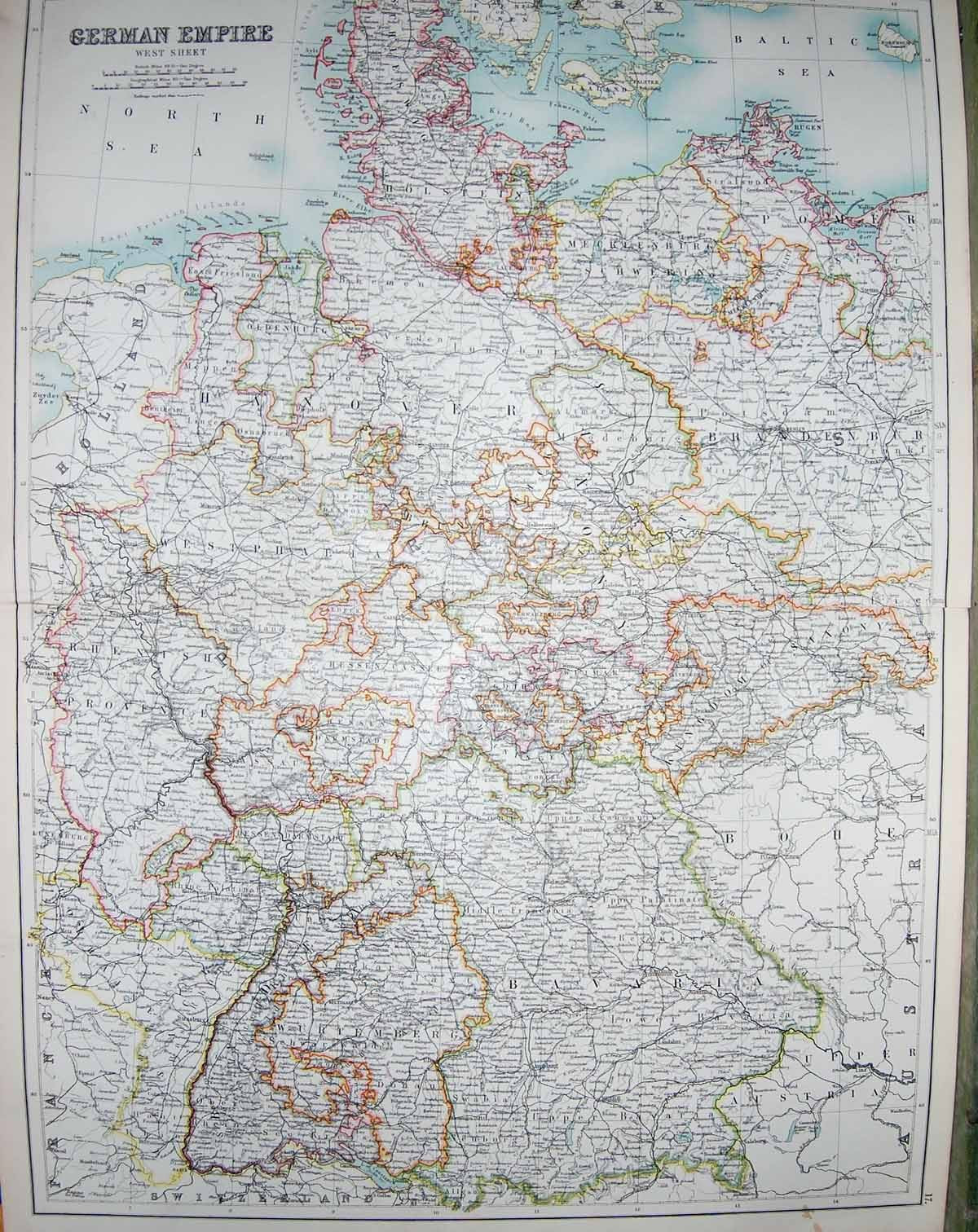 Old Antique Print Black'S Map 1890 German Empire Bavaria Hanover Baltic 19th