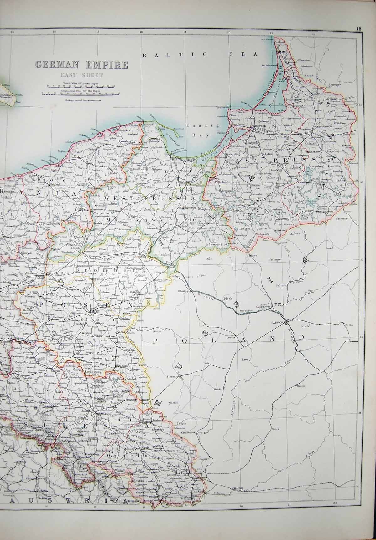 Original Old Antique Print Black'S Map 1890 German Empire Baltic Sea Breslau