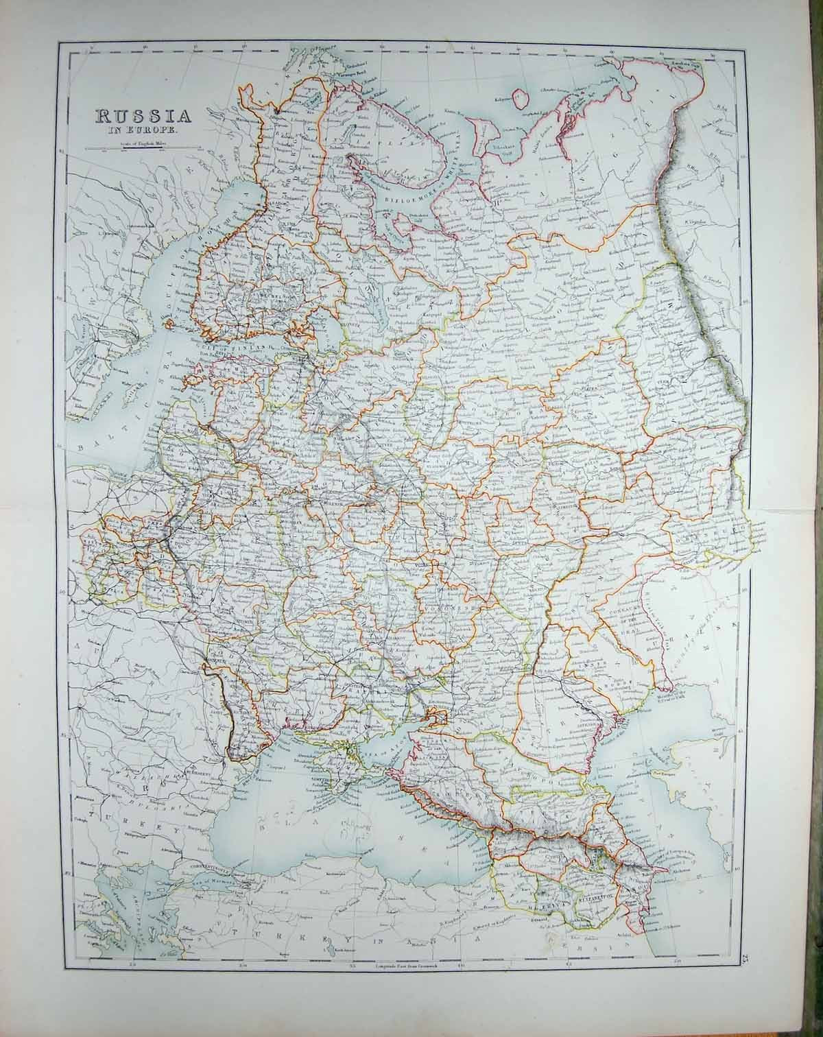 Old Antique Print Black'S Map 1890 Russia Europe Black Sea Caspian Baltic 19th
