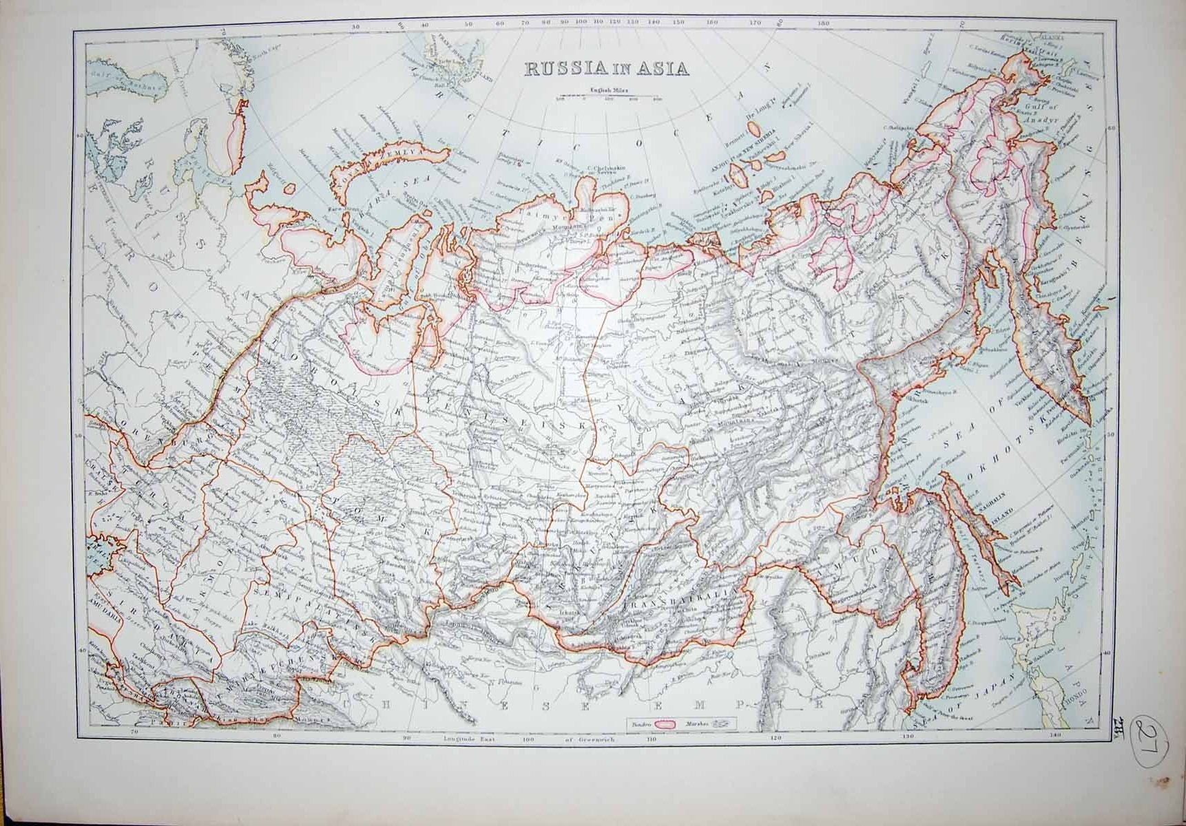 Original Old Antique Print Black'S Map 1890 Russia Asia Sea Okhotsk Sea Japan