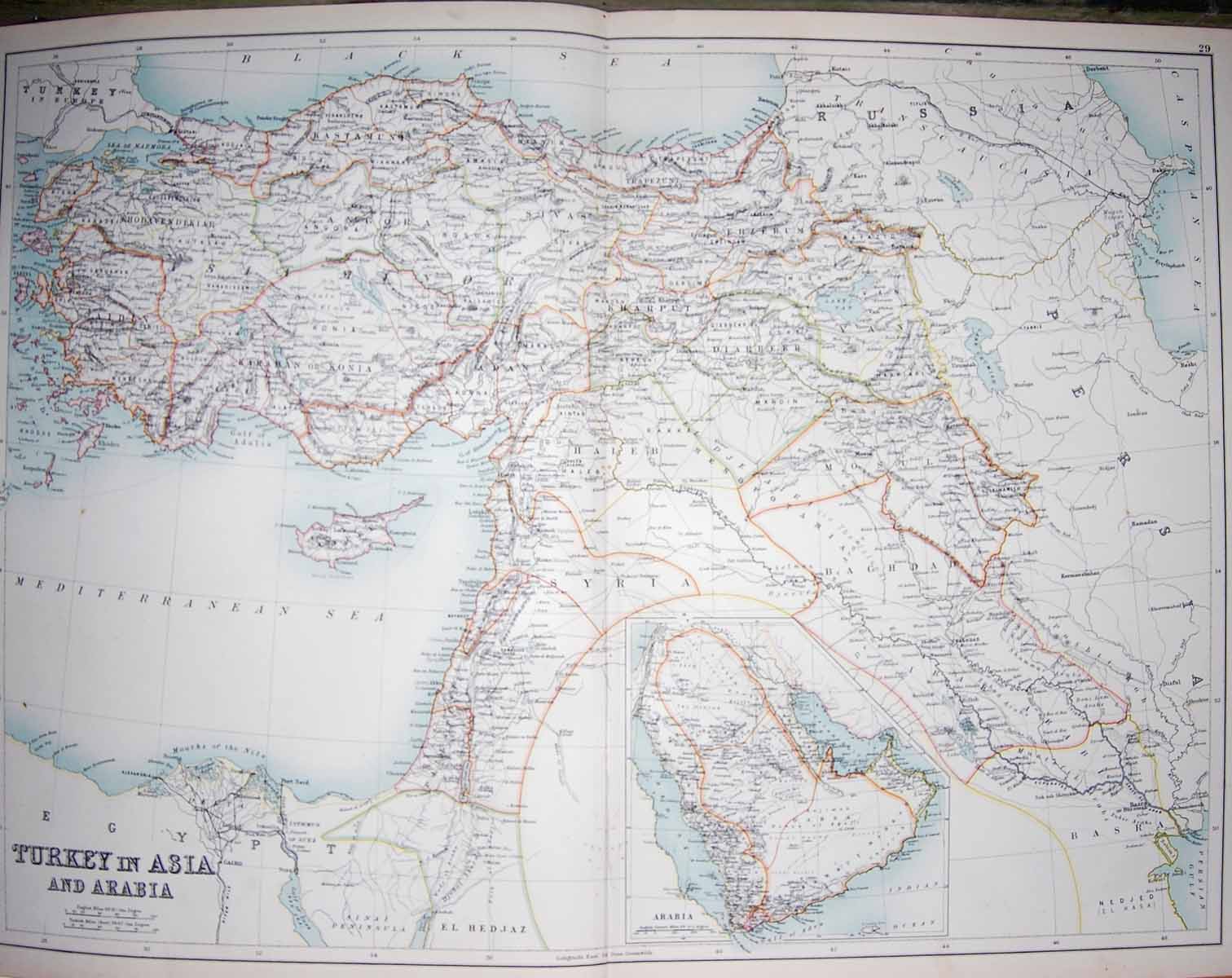 Original Old Antique Print Black'S Map 1890 Turkey Arabia Cyprus Syria Baghdad