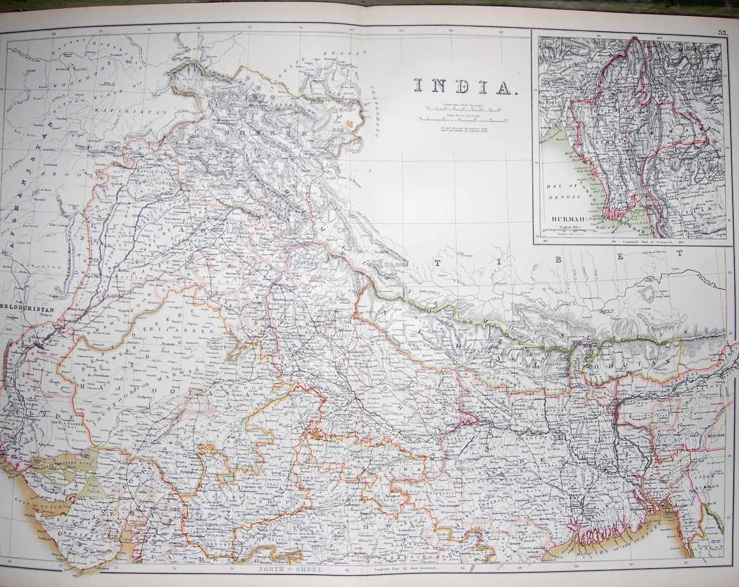Original Old Antique Print Black'S Map 1890 India Burmah Ganges Bay Bengal 19th
