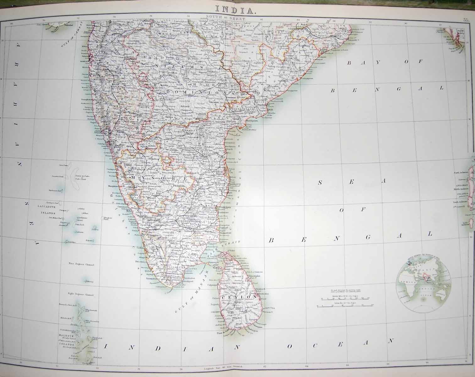 Original Old Antique Print Black'S Map 1890 India Ceylon Maldive Islands Bengal