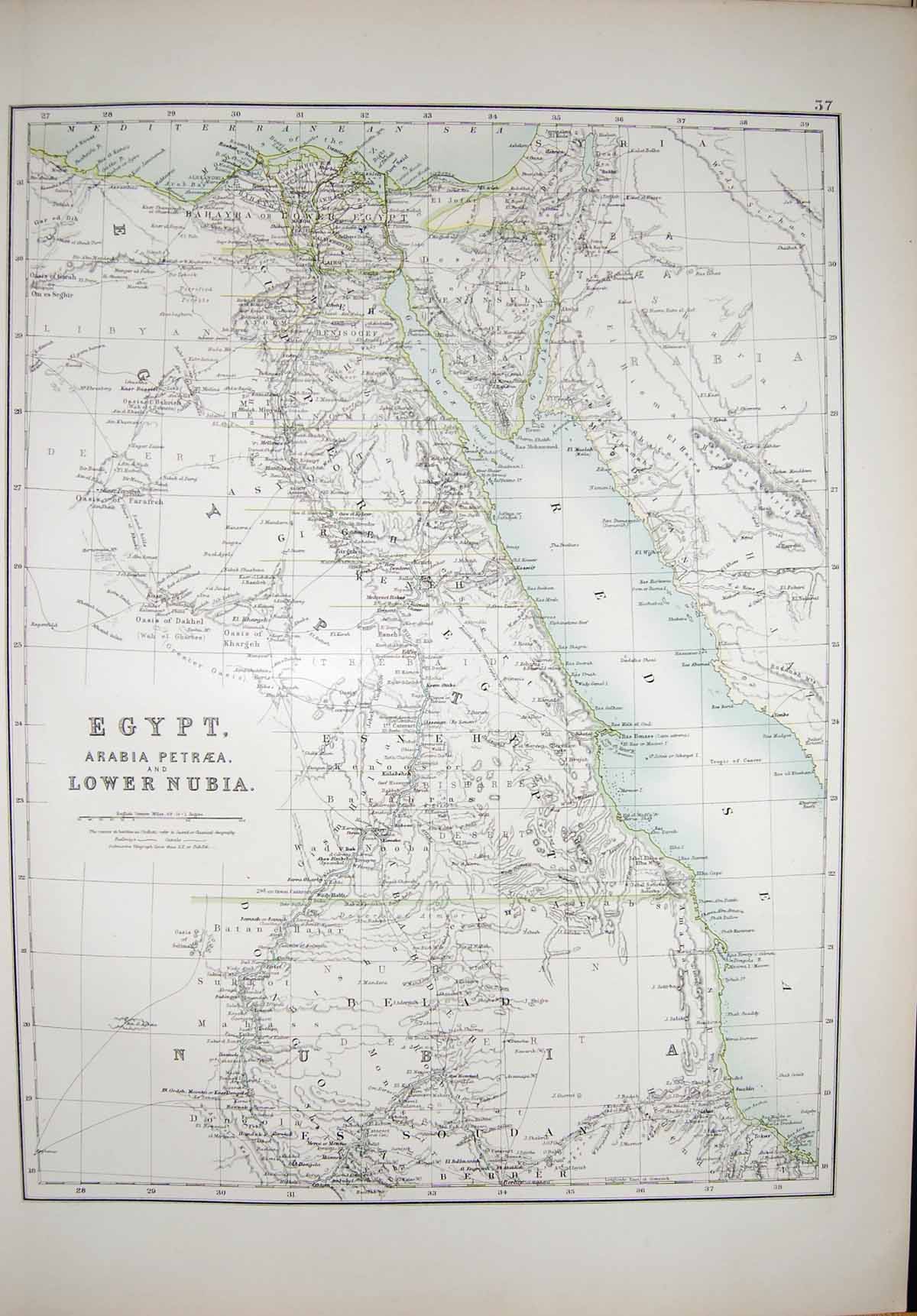 Original Old Antique Print Black'S Map 1890 Egypt Arabia Petraea Nubia Red Sea