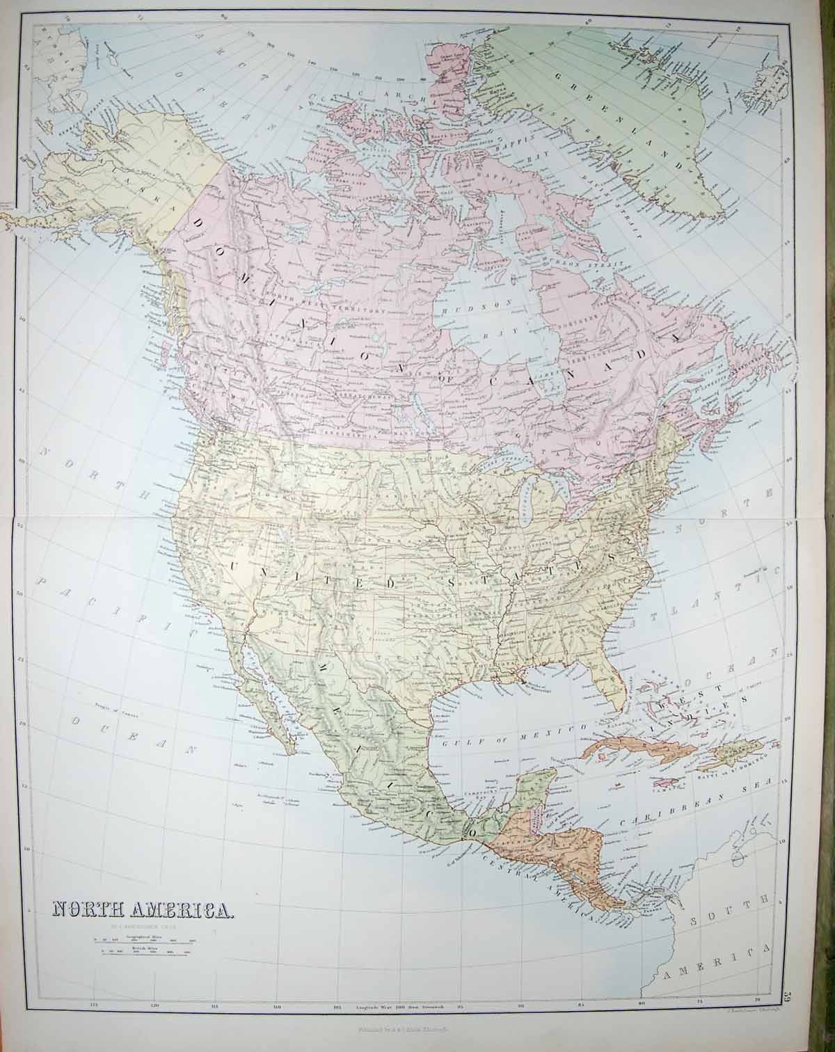 Old Antique Print Bartholomew Black'S Map 1890 North America Cuba Indies 19th