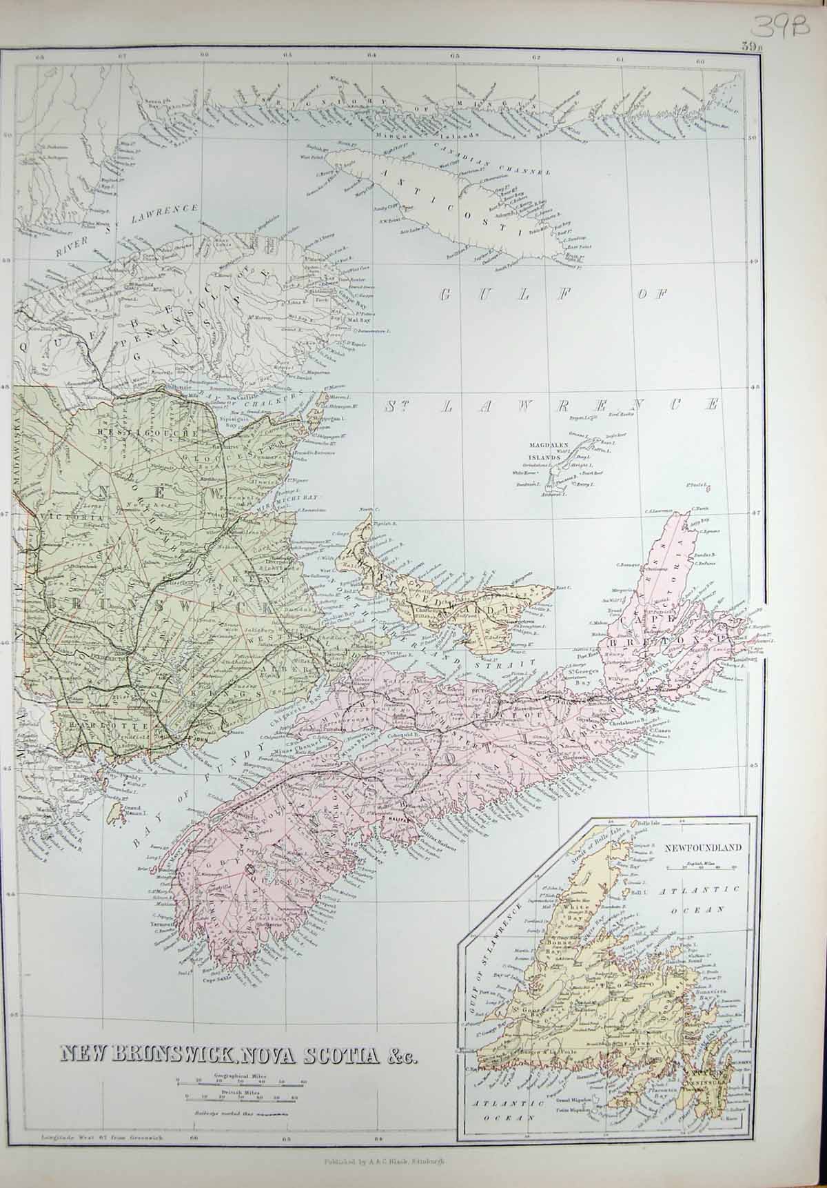 Original Old Antique Print Black'S Map 1890 Newfoundland Nova Scotia Brunswick 0